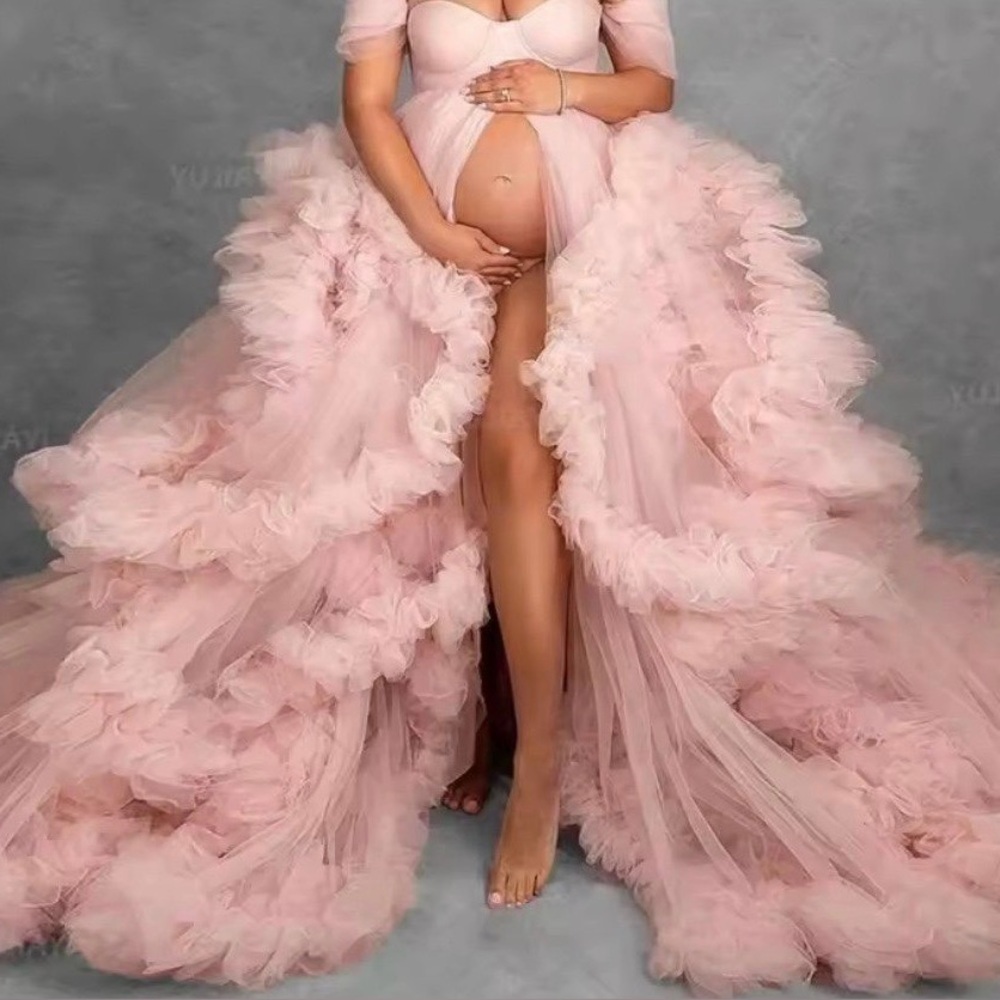 Pink Ruffled Tulle Maxi Maternity Gown